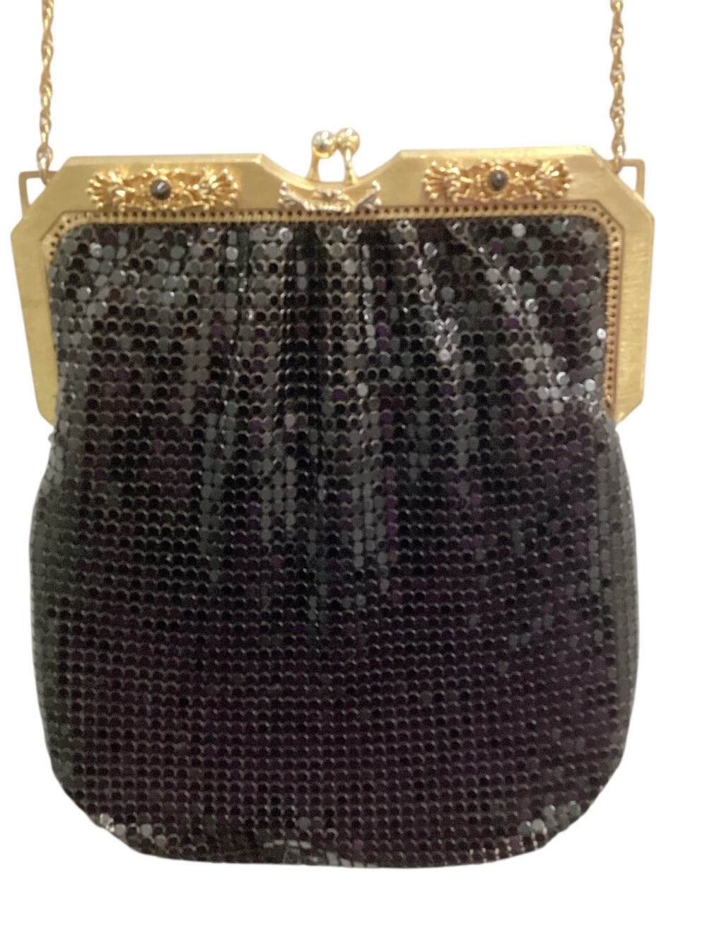 Vintage Whiting & Davis Purse Gold Hardware/ Chain Shiny Black Beautiful!